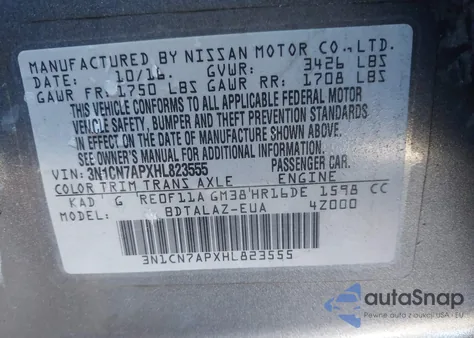 2017 Nissan Versa 1.6 S+ z USA, uszkodzony, nr VIN 3N1CN7APXHL823555